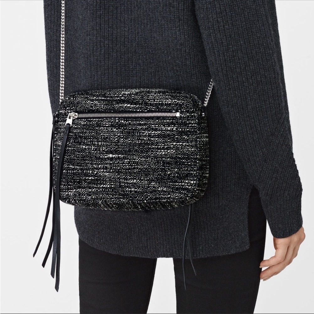 All Saints Black and Cream Tweed Crossbody Purse with Silver Chain Strap